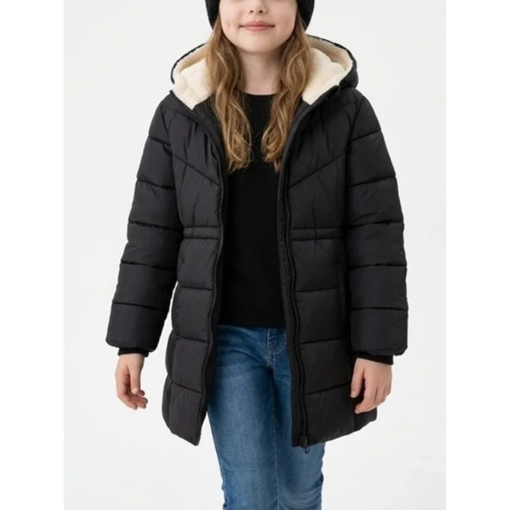 Mackenzie Reed Puffer Jacket Girls SZ 8Y Black Faux Fur Lined Hooded Winter Coat - Picture 1 of 10